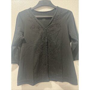 Talbots Lightweight tunic top Women L  Black Button Up Cotton Embroidered